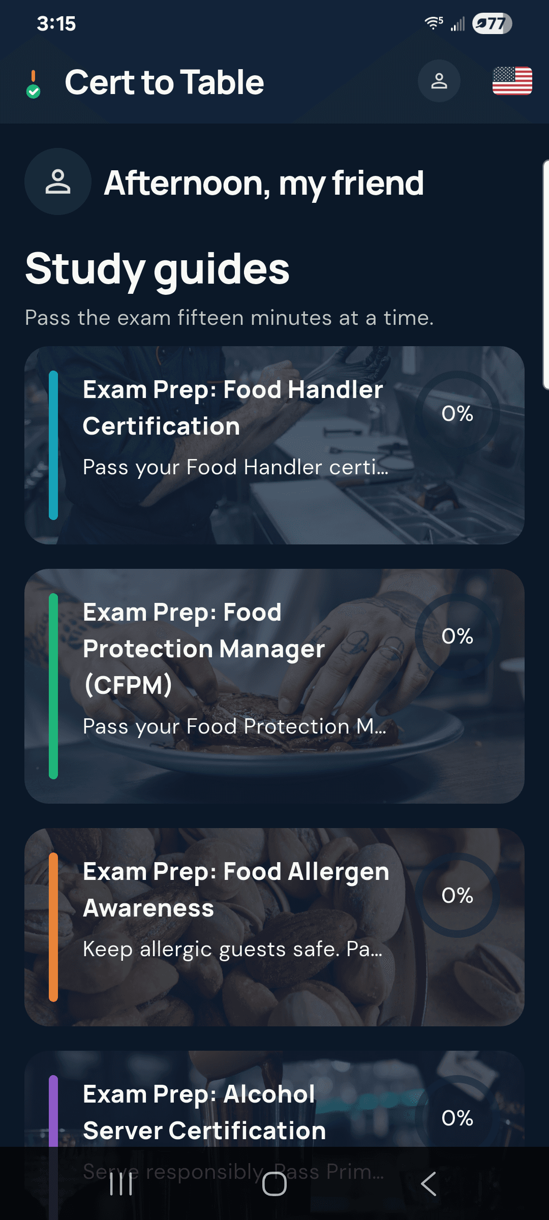 The Cert to Table home screen, headed Study guides, listing exam prep for Food Handler Certification, Food Protection Manager, Food Allergen Awareness and Alcohol Server Certification.