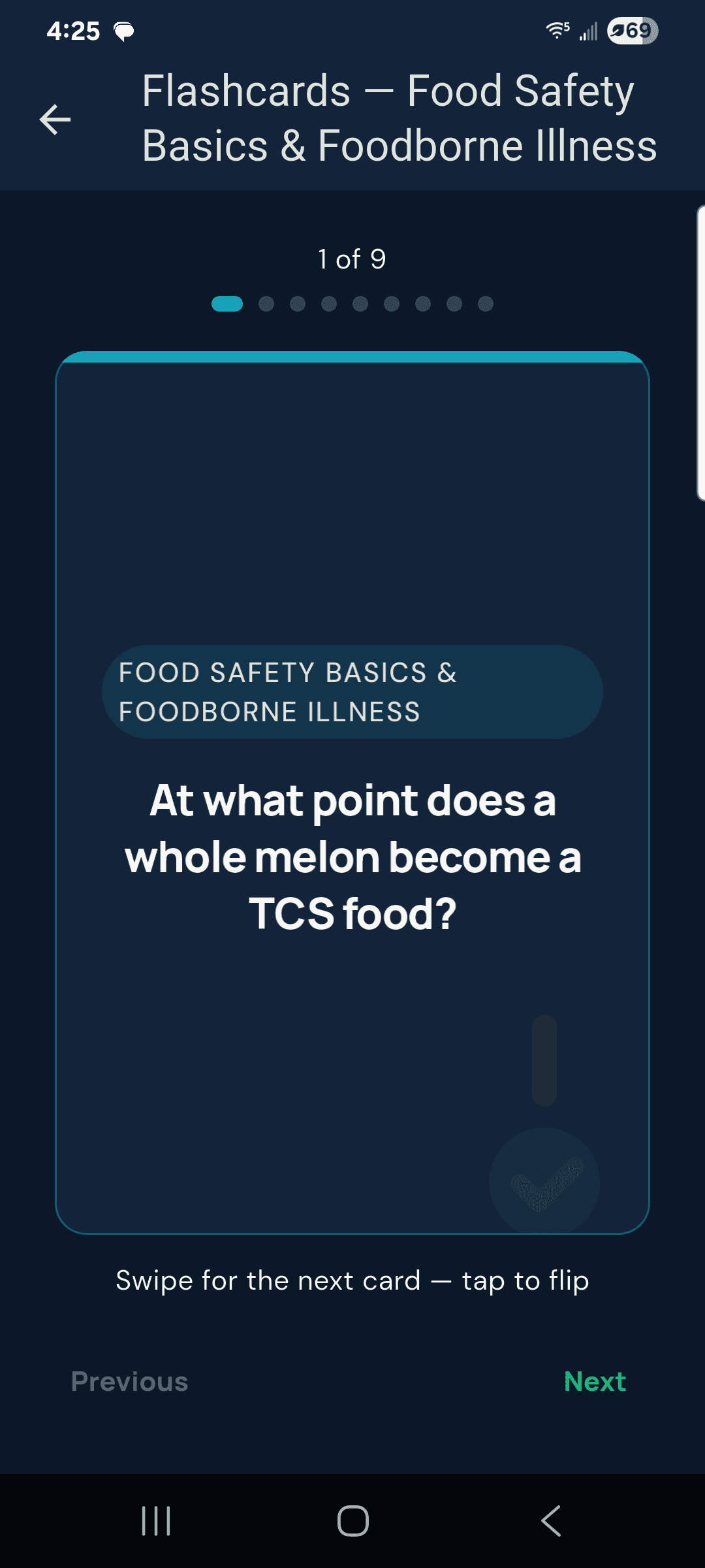 A flashcard asking at what point a whole melon becomes a TCS food, the first of nine in the deck.